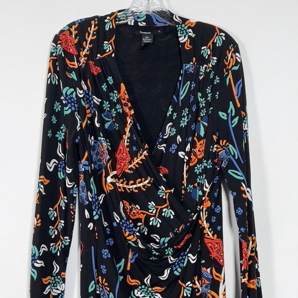 Desigual Bridie Jersey Hi Low Faux Wrap Dress Sz XL Black Floral Long Sleeve - Picture 4 of 14